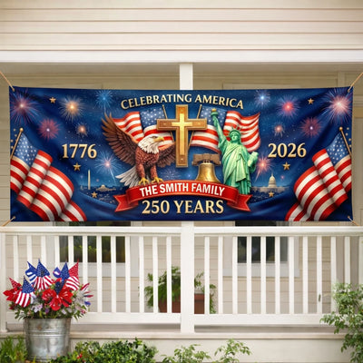 Custom Polyester Outdoor Banner - Personalized America 250th Anniversary Gifts For Mom, Dad, Brother, Sister, Kids - Proud Hearts Shine Bright