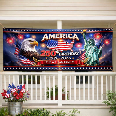 Custom Polyester Outdoor Banner - Personalized America 250th Anniversary Gifts For Mom, Dad, Brother, Sister, Kids - United In Freedom