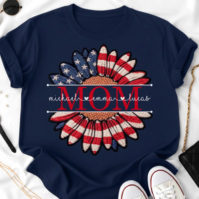 Custom Faux Embroidery Unisex T-shirt, Premium T-shirt, Hoodie - Personalized Mother's Day Birthday Gifts For Mom, Grandma - Patriotic Petals, Mama Pride