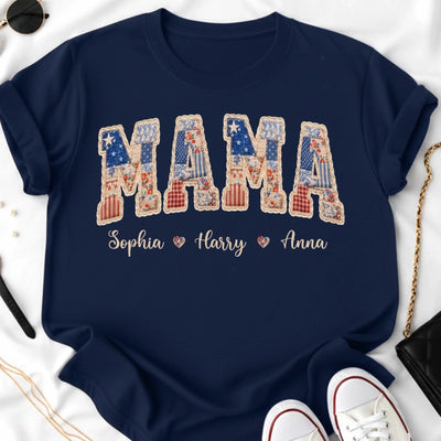 Custom Faux Embroidery Unisex T-shirt, Premium T-shirt, Hoodie - Personalized Mother's Day Birthday Gifts For Mom, Grandma - Stars, Stripes And Mama Love
